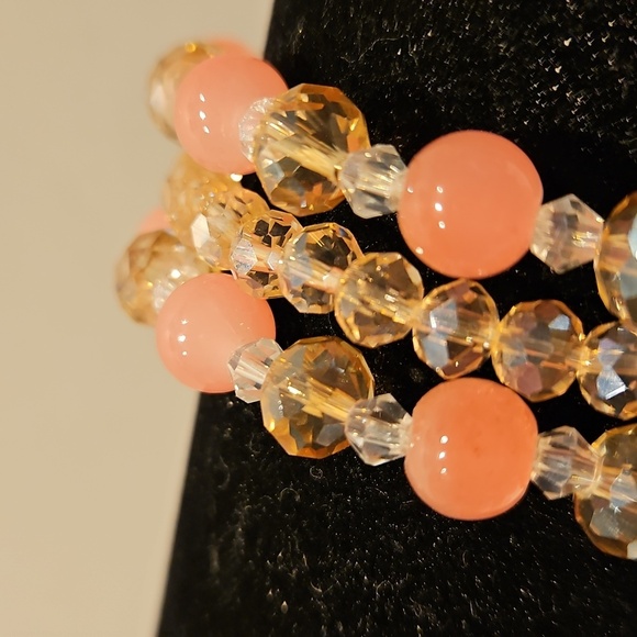 Set Of 3 Pink & Goldtone Crystal & Glass Beaded Stretch Bracelets - Picture 5 of 7